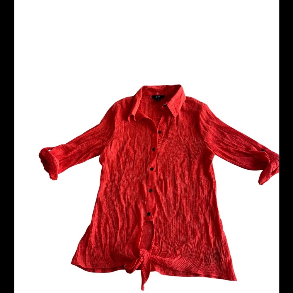 BCX Women’s Orange Red Long Sleeve Flowy Button Up Large Shirt